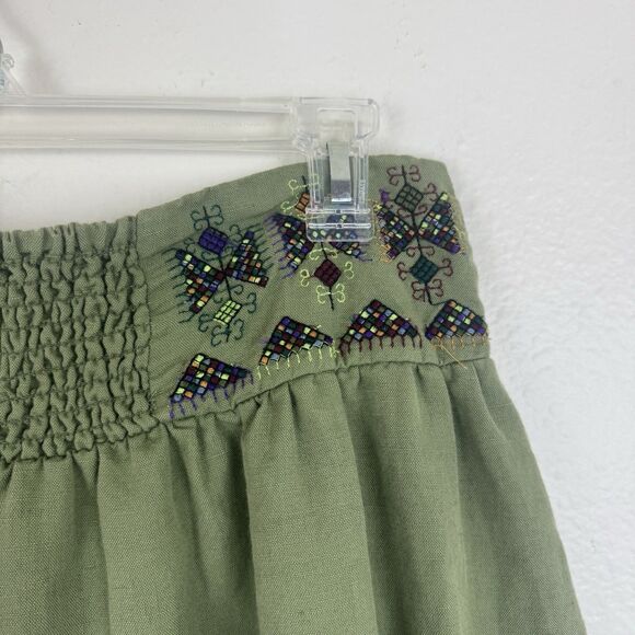 Anthropologie Maeve Embroidered Linen Cotton Button Front Smocked Skirt Green 6 - Picture 14 of 16